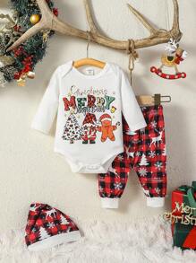 SHEIN Perso Play Tiệc Giáng sinh Vui Trẻ sơ sinh & Bé trai Ông già Noen In Áo liền quần chặt Với Tròn Đường viền cổ áo Và Bông tuyết Quần Dễ thương Giải trí Đối với Mùa Thu Hoặc Mùa Đông - Nhiều màu - Xem 1