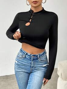 SHEIN Unity 女士高領荷葉邊毛茸茸內裡長袖t恤 - 黑色 - 查看 7