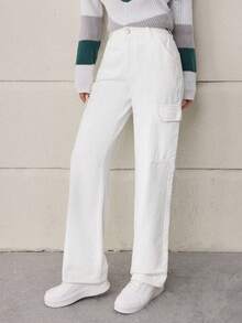 SHEIN LUNE Women'S Straight Cargo Denim Trousers - White - View 3