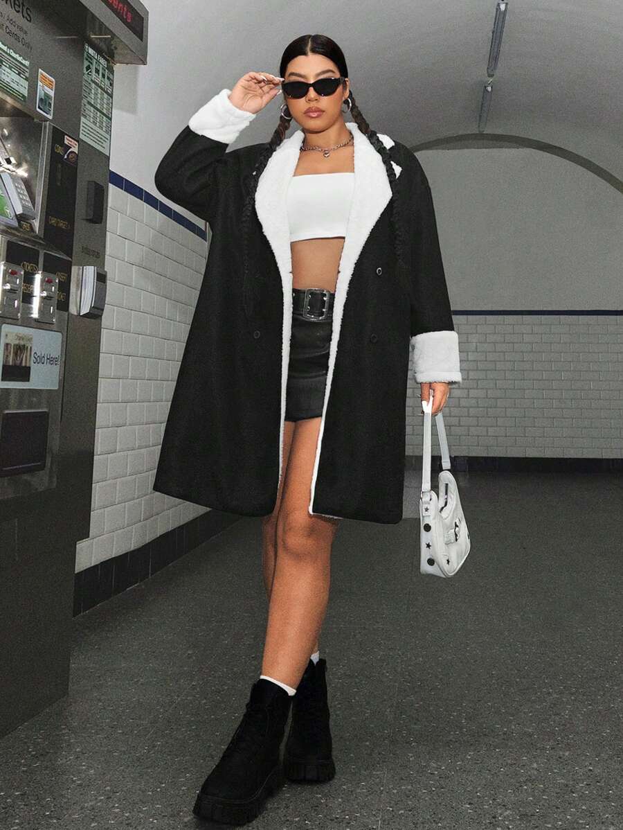 SHEIN EZwear 大尺碼毛領羊毛大衣 - 黑與白 - 查看 1