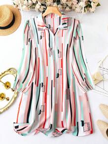 SHEIN LUNE Plus Size Graphic Print Button Half Placket Lantern Sleeve Dress - Red - View 1