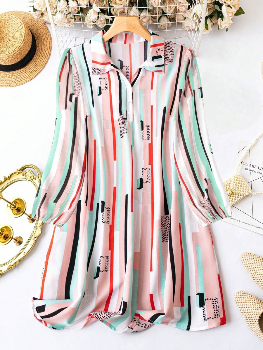 SHEIN LUNE Plus Size Graphic Print Button Half Placket Lantern Sleeve Dress - Red - View 1