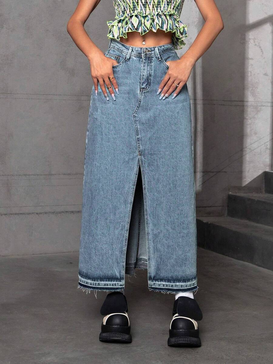 GENKIRA 素色高衩毛邊牛仔半身裙 - 中等水洗藍 - 查看 1