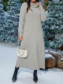 SHEIN LUNE Vestido Largo Casual De Cuello Alto Con Talla Grande Para Mujer - Albaricoque - Ver 4