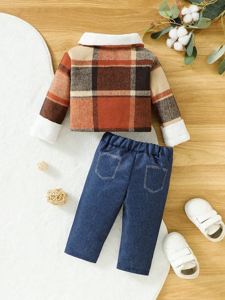 Baby Girl Autumn And Winter Contrasting Plaid Fur Collar Jacket And Denim Effect Trousers Suit