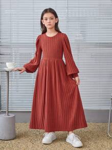 SHEIN Tween Girl Rib-Knit Round Neck Pullover Lantern Sleeve Solid Long Dress - Rust Brown - View 1