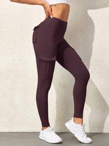 女士高腰口袋紧身鲨鱼皮图案工装裤 - 酒紅色 - 查看 6