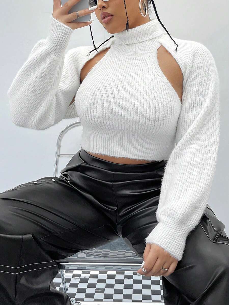 SHEIN ICON Plus Size High Neck Hollow Out Sweater