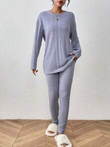SHEIN Frenchy 女款下垂肩針織上衣和褲子套裝 - 霧霾藍 - 查看 3