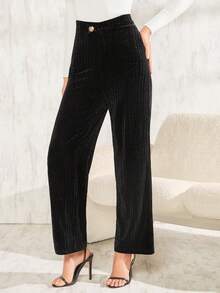 SHEIN Clasi 高腰絨面褲 - 黑色 - 查看 2