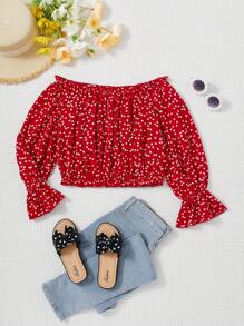 SHEIN 大童女心形印花露肩荷葉邊短袖上衣 - 紅色 - 查看 1