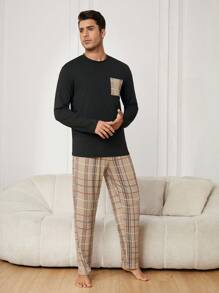 男士格紋長袖 T 恤和褲子家居服套裝 - 彩色 - 查看 6