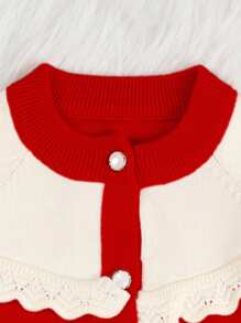 Cardigan Bayi Perempuan Ruffle Tombol Depan Blok Warna - Merah - View 6