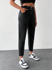 RueChic Women'S Button Front Cropped Denim Jeans - Dark Grey - View 5