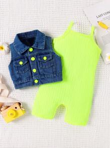 Baby Girl Solid Color Jumpsuit With Vest, Summer Casual Outfit - Green - View 1