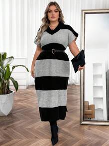 Flirla Plus Colorblock Batwing Sleeve Split Hem Sweater Dress Without Belt - Multicolor - View 6