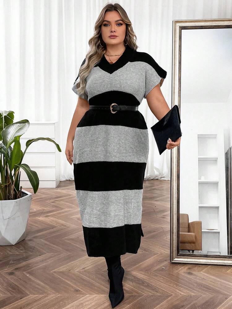 Plus Colorblock Batwing Sleeve Split Hem Sweater Dress Without Belt