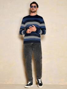 SHEIN Cottnline Men's Striped Colorblock Round Neck Sweater - Blue - View 7