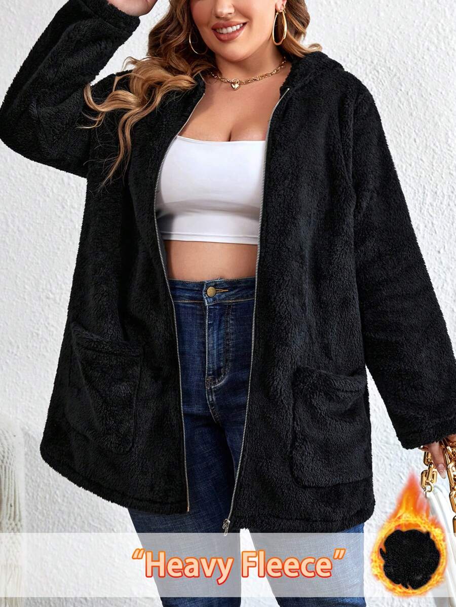 SHEIN LUNE Plus Size Plush Zipper Jacket - Black - View 1