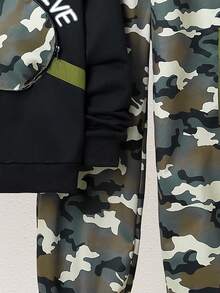 SHEIN Cậu bé Tween Camo & Đồ họa Chữ cái Áo chui đầu & Túi có nắp Quần - xanh quân đội - Xem 5