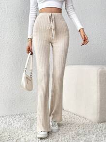 SHEIN Tall Tie-waist Ribbed-knit Flared Trousers - Apricot - View 5