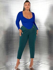 SHEIN SXY Hơn Cổ Trái tim Viền không đối xứng Áo thun - Xanh đậm - Xem 6