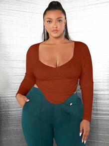 SHEIN SXY Plus甜心領不對稱下擺t恤 - 棕色 - 查看 5