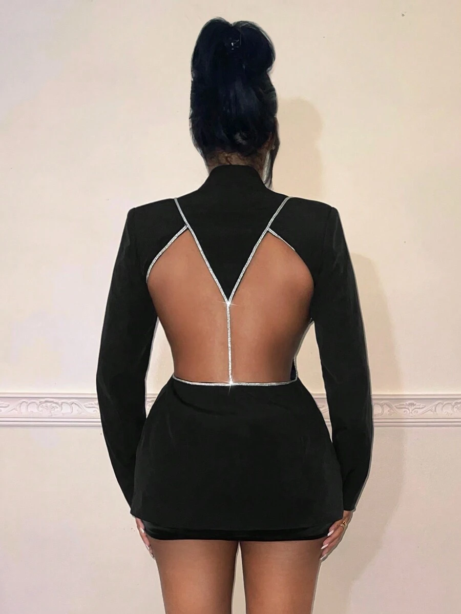 SHEIN SXY Năm mới Của phụ nữ Xu hướng: Cắt giảm Hình chữ M Trở lại Thiết kế Bộ đồ Áo khoác - màu đen - Xem 1