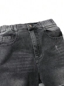 Tween 男孩水洗復古街頭風格拼布裝飾彈性牛仔褲 - 黑色 - 查看 3