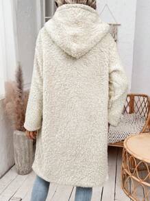 SHEIN Essnce Double Breasted Hooded Teddy Coat - Apricot - View 2