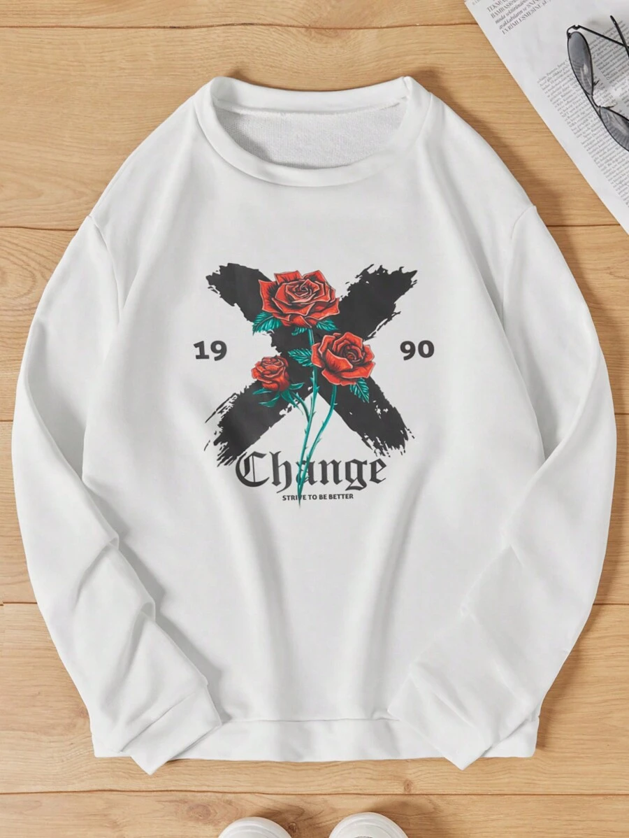 RueChic Men's Floral And Slogan Print Sweatshirt - White - View 1