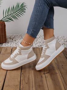 女士高筒運動鞋,休閒,運動,時尚,拼接色塊,厚底白鞋 - 卡其色 - 查看 2