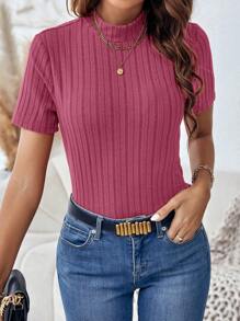 SHEIN Clasi Mock Neck Ribbed Knit Tee - Hot Pink - View 5
