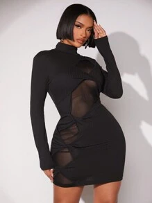 SHEIN SXY 新年除夕礼服网眼对比透视迷你连衣裙 - 黑色 - 查看 5