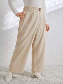 SHEIN Essnce Plus Size Solid Color Corduroy Pants - Apricot - View 6
