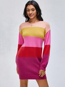 ISELACOS 顏色塊下肩毛衣連身裙 - 彩色 - 查看 2