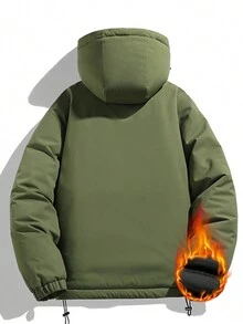 Men Patched Drawstring Hem Hooded Padded Coat - Army Green - View 2