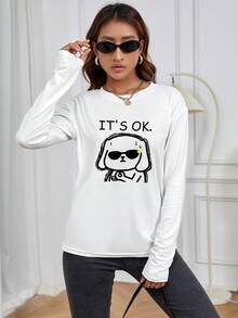 SHEIN LUNE Cartoon & Slogan Graphic Drop Shoulder Tee - White - View 4