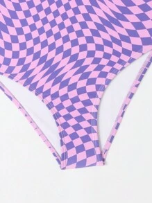 Ds25 Girls' One Piece Swimsuit With Hollow Out & Check Pattern - Pink - View 5