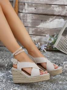 Giày Xăng Đan Đế Dày Vintage Cho Nữ, Mùa Hè Mới Cao Gót Quai Ngang Da Cỏ Dệt Giày La Mã - Màu be - Xem 3