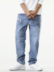 Manfinity EZcore 男士斜口口袋破洞直筒牛仔褲，寬鬆洗水光面藍色連帽衫街頭穿搭調韻