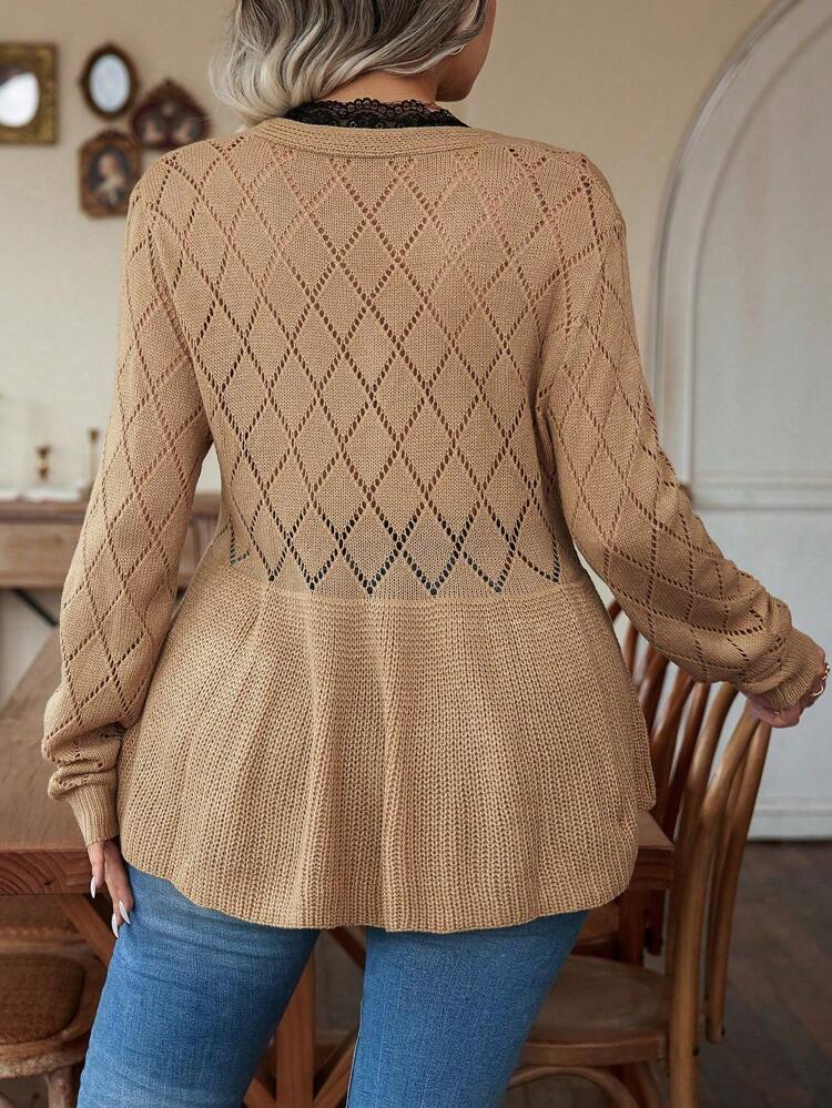 Plus Size Women's Lace Trimmed Ruffle Hem Sweater Knit Pullover Fall Winter Sweater