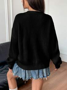 SHEIN Unity Women's Letter Embroidered Drop Shoulder Sweater Knit Pullover Fall Winter Outfit - Black - View 2