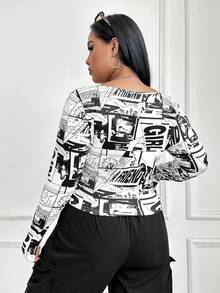 SHEIN EZwear Của phụ nữ Kích thước lớn In nghệ thuật pop Quần skinny Áo thun - Đen và trắng - Xem 2