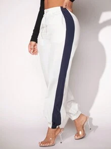 SHEIN SXY Women's Color Blocking Loose Fit Drawstring Waist White Sweatpants - Blue and White - View 7