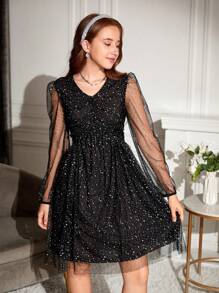 Thiếu niên Cô gái Kim sa Lưới Nối Đầm Party - màu đen - Xem 4