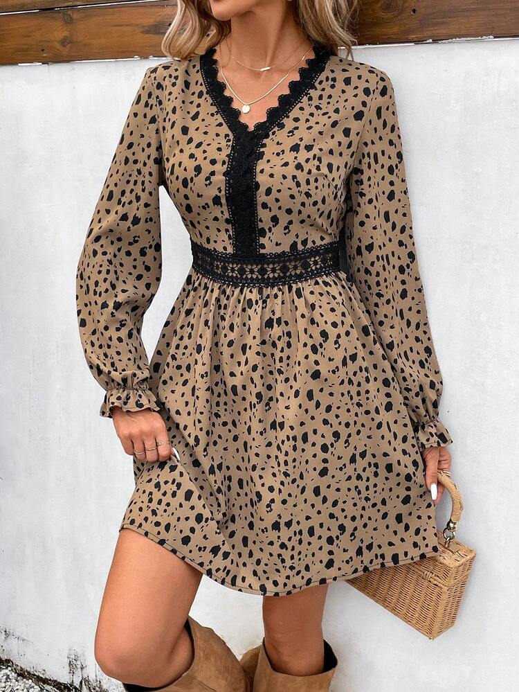 Women's Spotted Print Patchwork Lace Trim Ribbon Dress