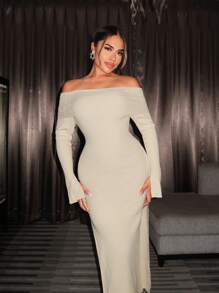 SHEIN SXY 女款露肩側開衩長袖毛衣洋裝 - 杏色 - 查看 3