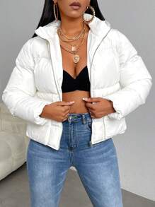 Slaydiva Zipper Front Padded Coat With Flap Pockets - White - View 1