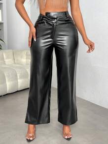 Slaydiva 不對稱腰PU皮革長褲 - 黑色 - 查看 1
